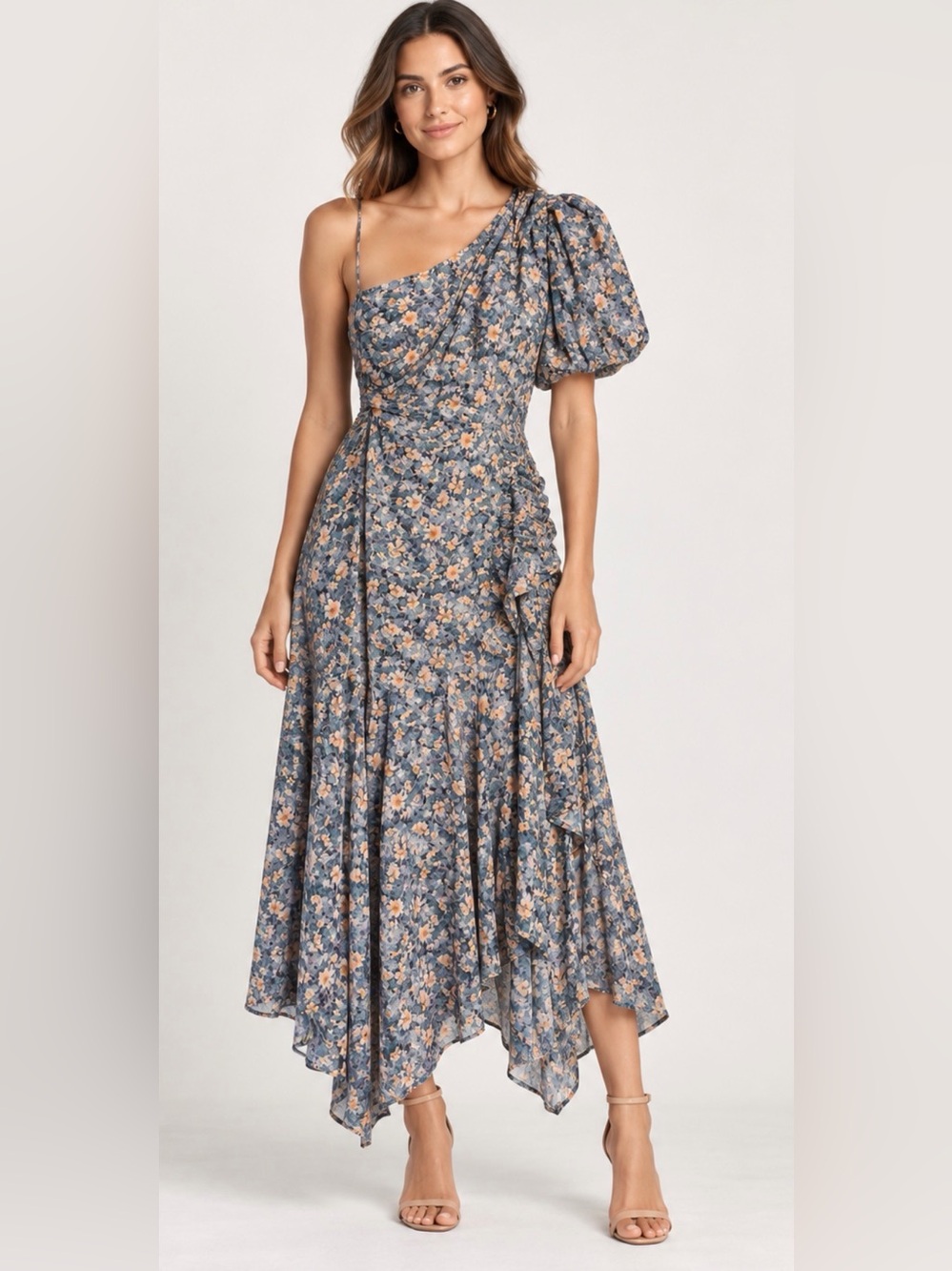 ASTR The Label XS Blue Peach Floral One Shoulder Midi Dress Puff Sleeve